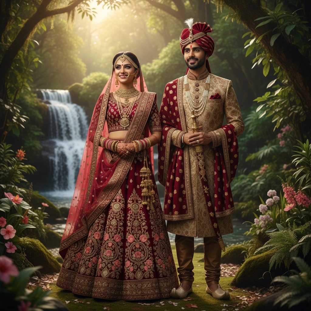 realistisch en fotoscence Indiase bruid en bruidegom in een mooie natuuromgeving. Hun indiase kledingdracht komt in kleurrijke verschijning goed naar voren. Daarbij dragen ze mooie accessoires die hun kleding goed aanvullen. Kleding heeft tinten: rood, maroon en goud.